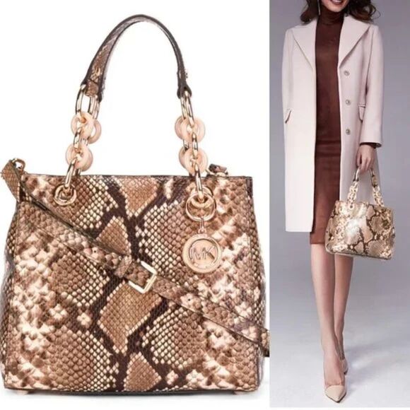 Michael Kors Brown Python Embossed Leather Small Cynthia Satchel Blossom - Picture 8 of 8